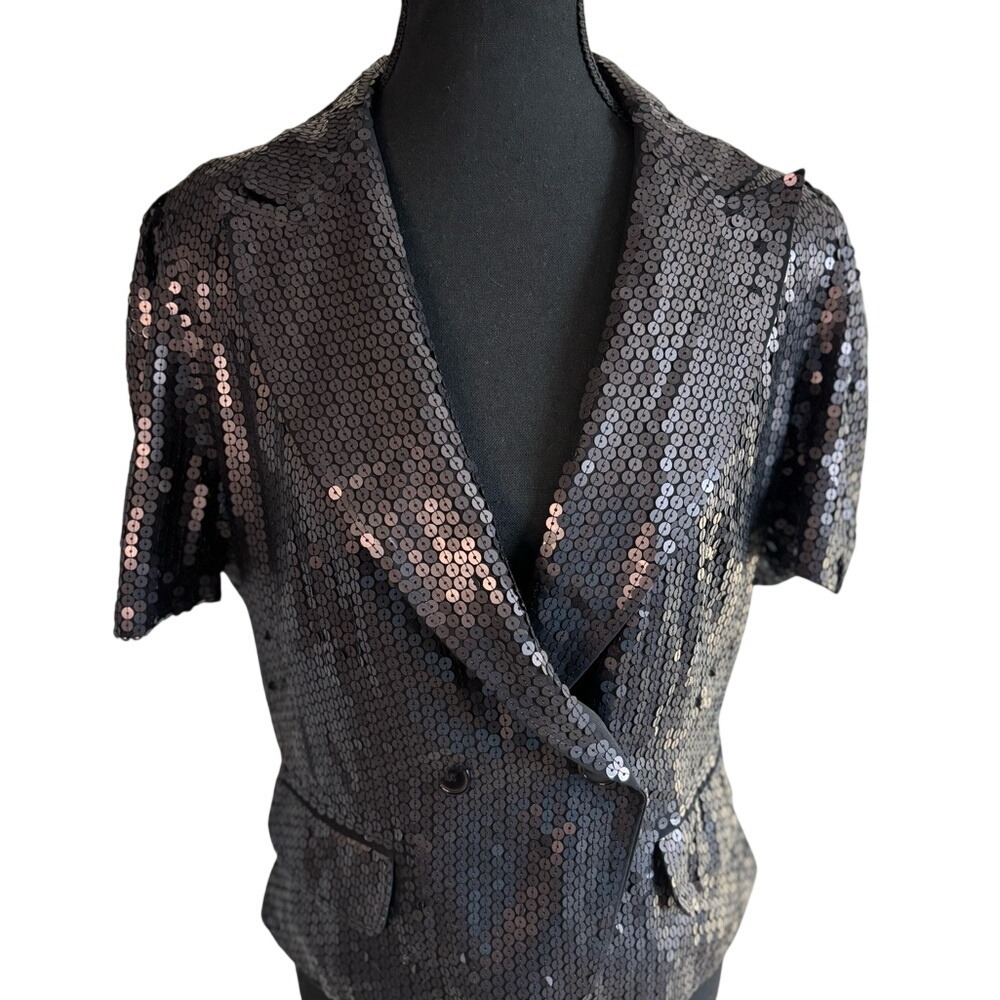 Black Sequin Double Breasted Short Sleeve Blazer Jacket Puffed Shoulder